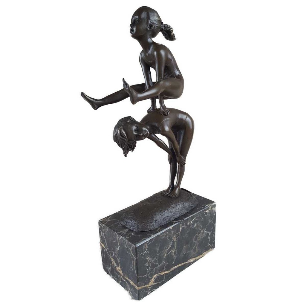 [LA-45255] Bronzeskulptur Bronzefigur zwei Kinder beim Bockspringen
