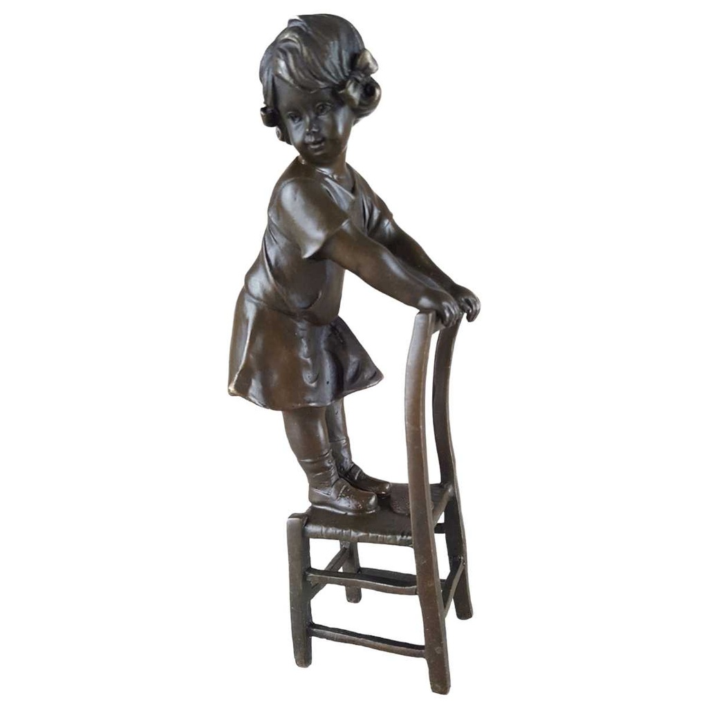 [LA-45272] Bronzeskulptur Bronzefigur Mädchen Auf Hocker