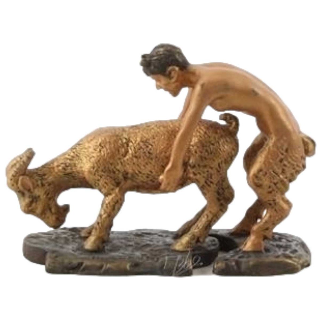 [LA-45685] Bronzeskulptur Bronzefigur Faun mit Ziege
