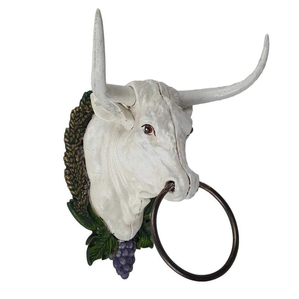 [LA-45772] Handtuchhalter Handtuchring weißer Kuhkopf Figur Skulptur Motiv Gusseisen