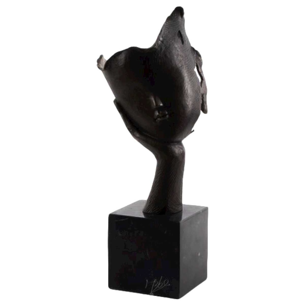 [LA-45948] Bronzeskulptur Bronzefigur Ruhendes Gesicht auf Handfläche