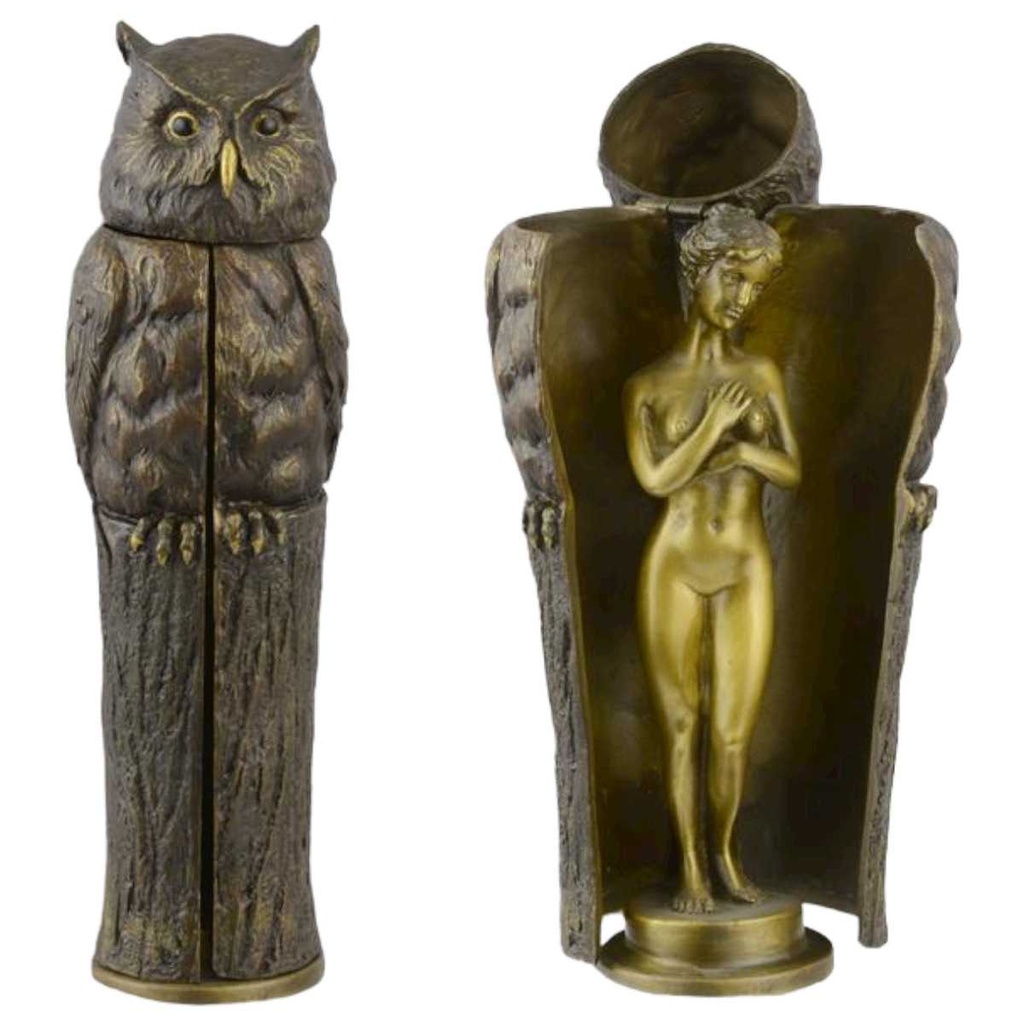 [LA-46028] Bronzeskulptur Bronzefigur Frau Versteckt Im Baum mit Eule Uhu