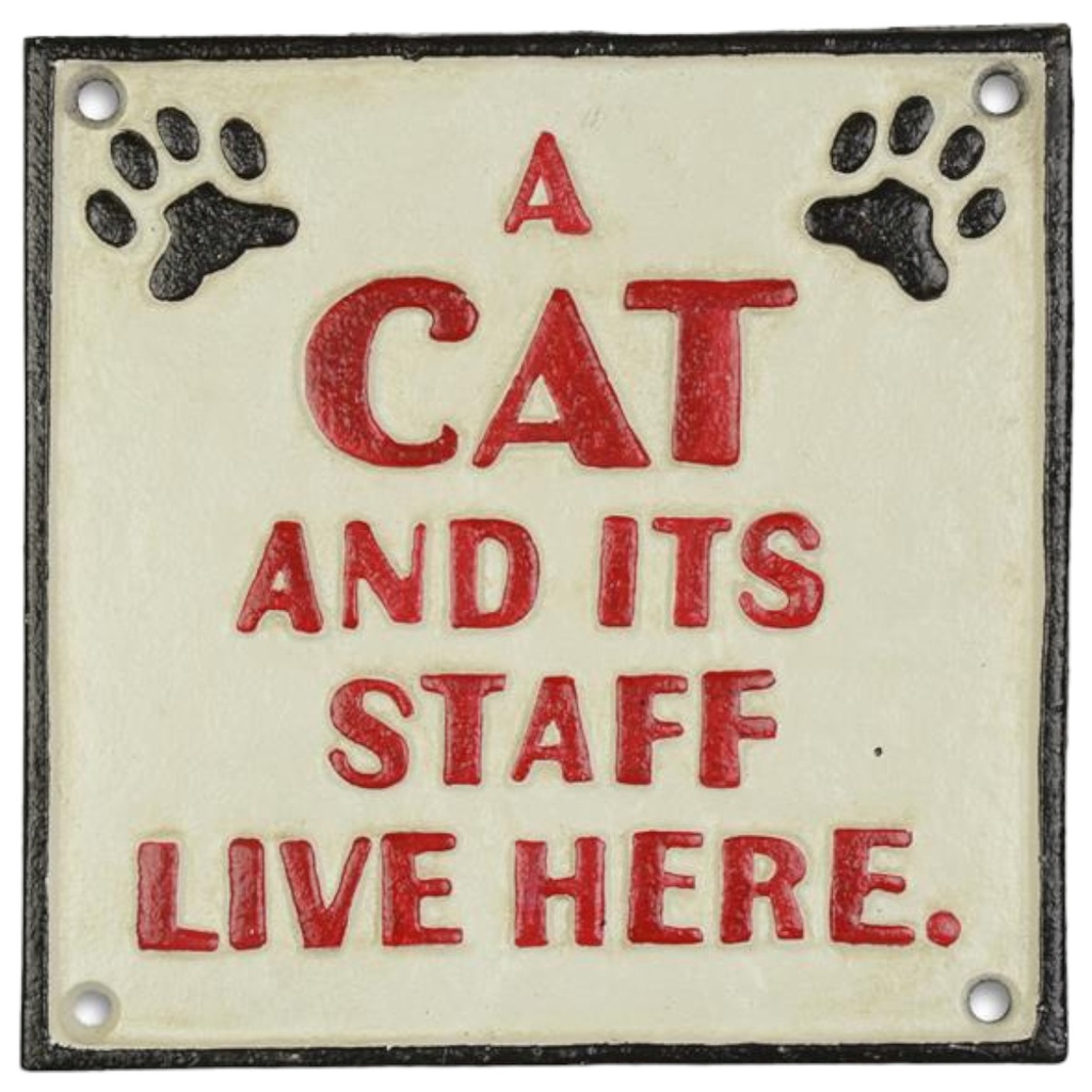 [LA-46160] Wandschild Wandplakette Gusseisen A Cat And Its Staff Live Here