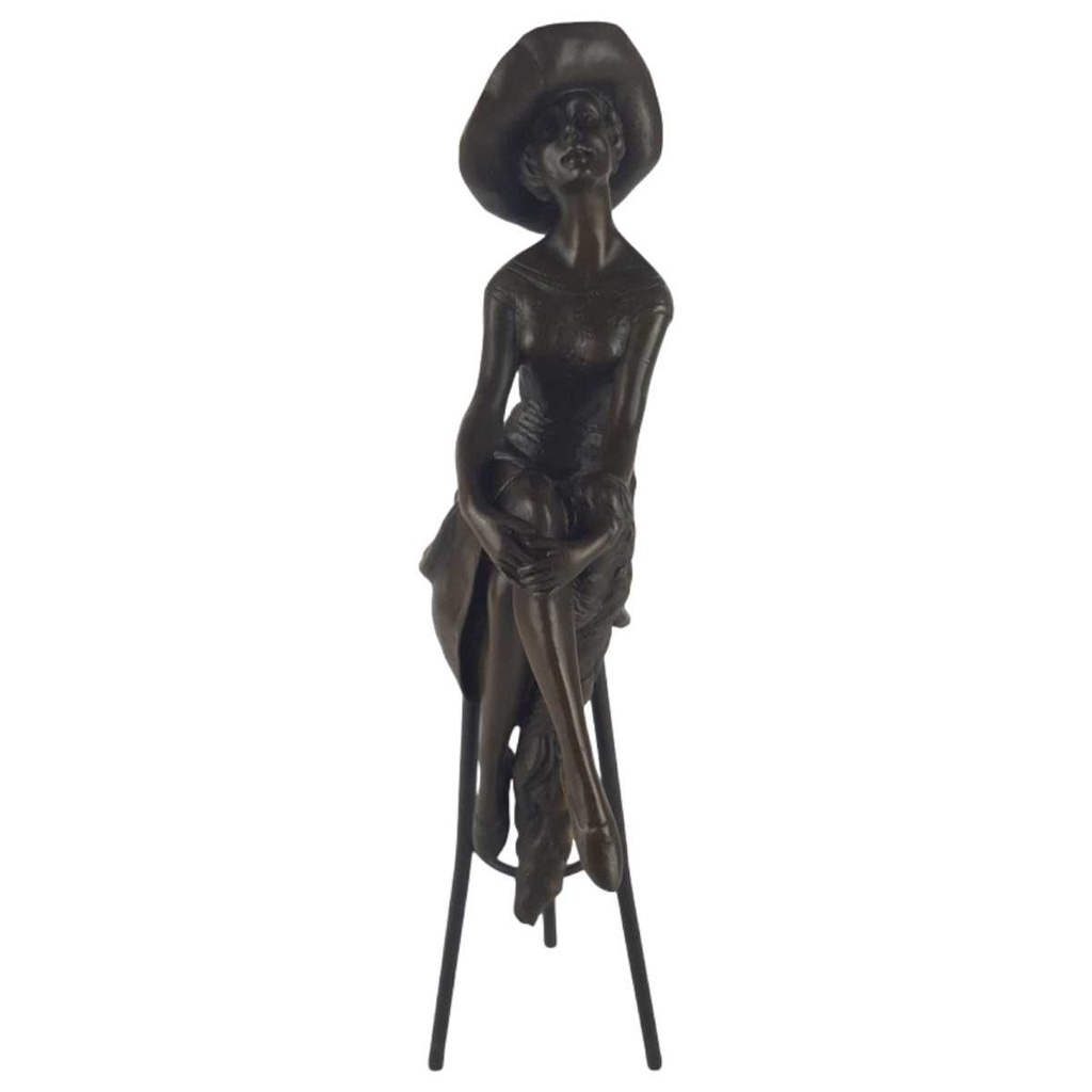 [LA-46184] Bronzeskulptur Bronzefigur Frau auf Barstuhl Barhocker