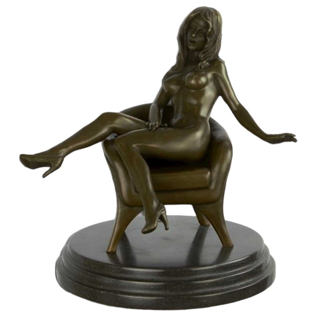 [LA-46229] Bronzeskulptur Bronzefigur Erotik Frau Sitzend Im Sessel Art-Deco-Stil