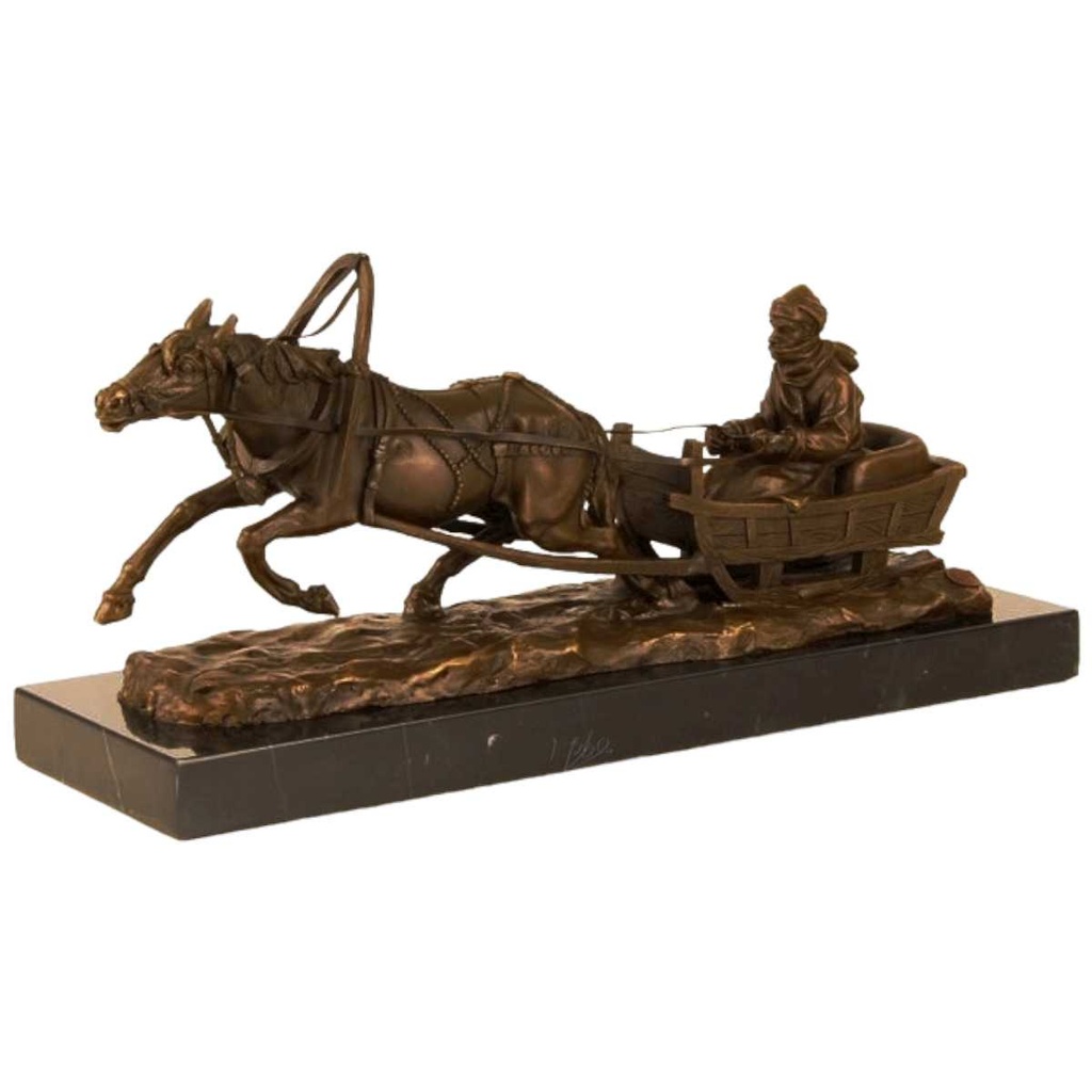 [LA-46263] Bronzeskulptur Bronzefigur Pferd Zieht Einen Schlitten
