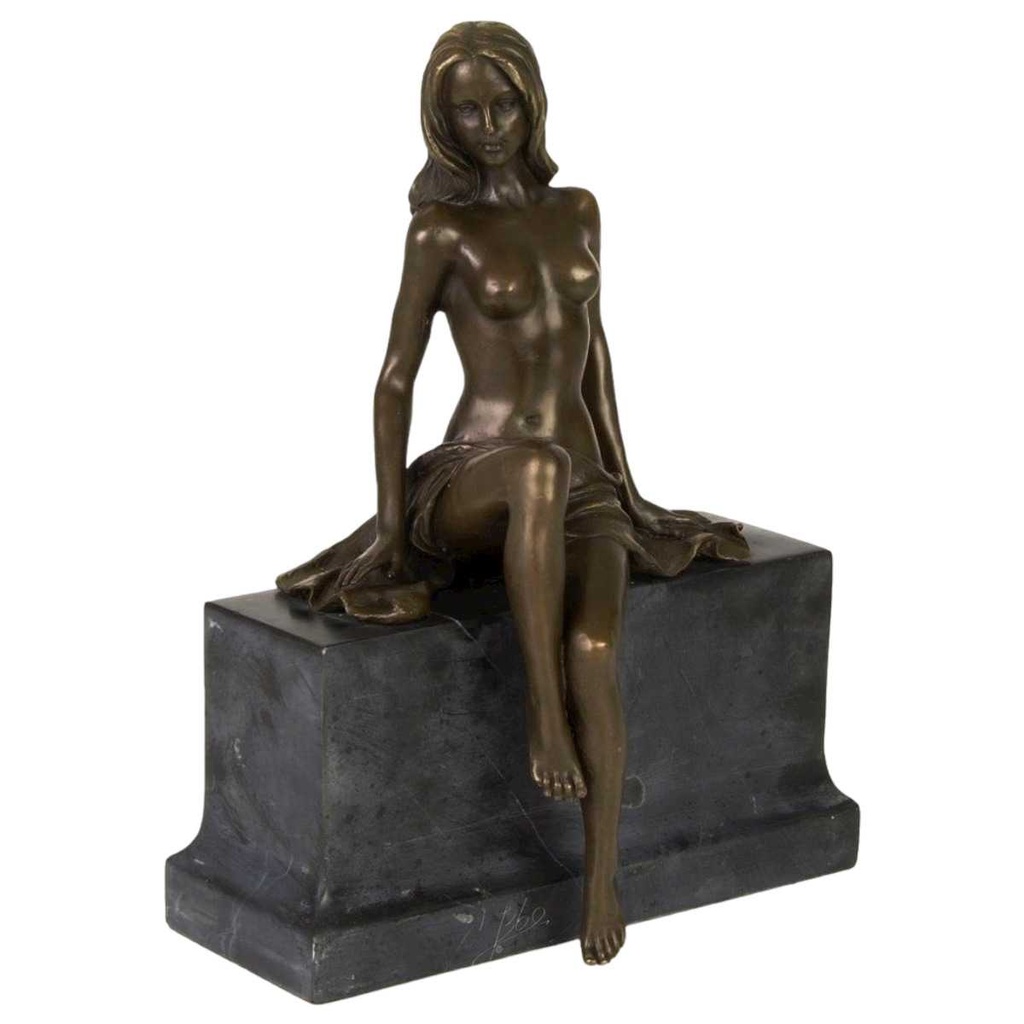 [LA-46280] Bronzeskulptur Bronzefigur Frau Sitzend Halbnackter Körper