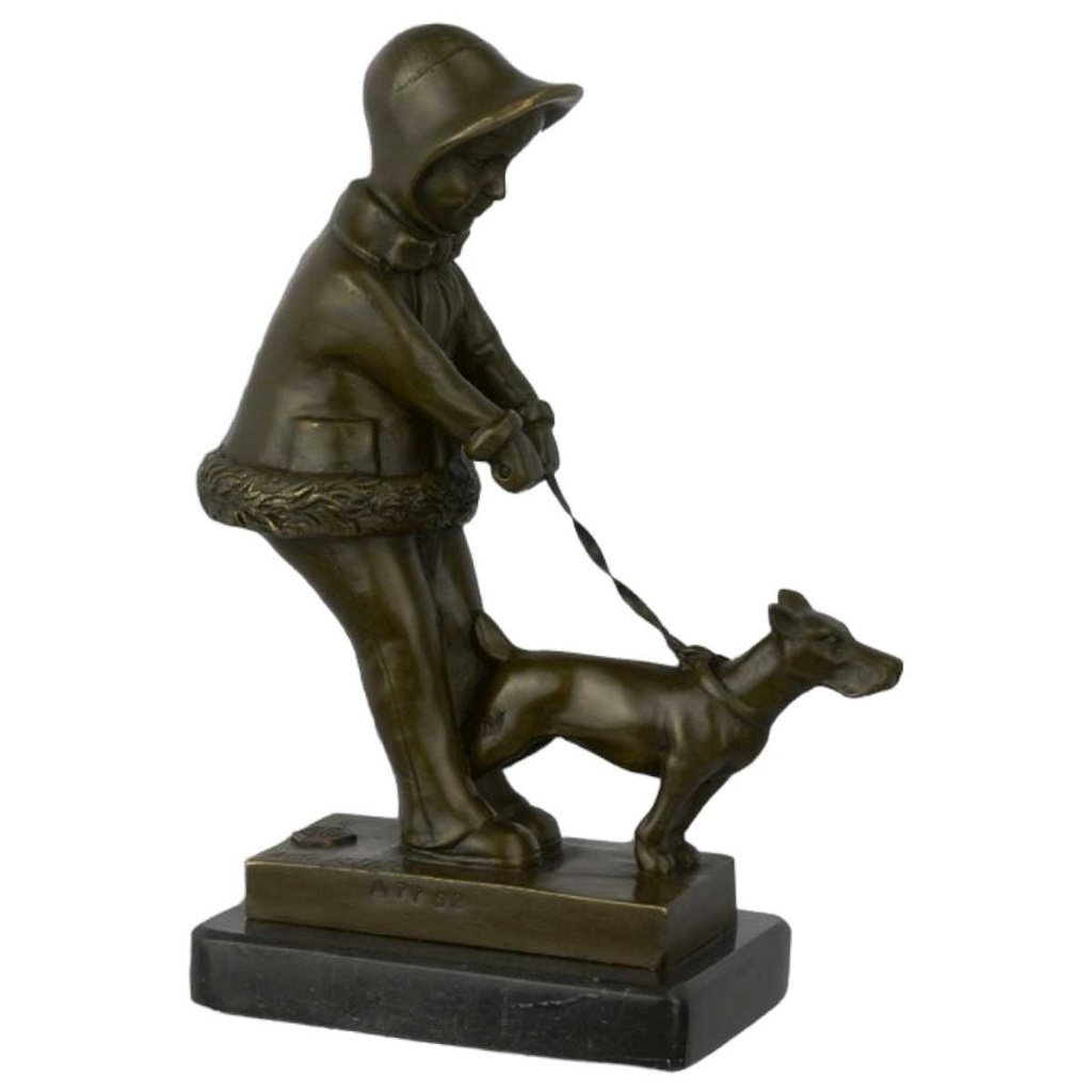 [LA-46478] Bronzeskulptur Bronzefigur Mädchen Geht mit Hund Gassi