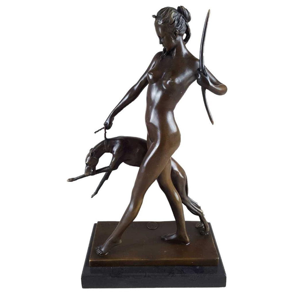 [LA-47193] Bronzeskulptur Bronzefigur Diana mit Hund