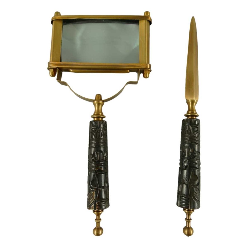 [LA-49009] Leselupe Handlupe Vergrößerungsglas & Brieföffner Messing brüniert Set