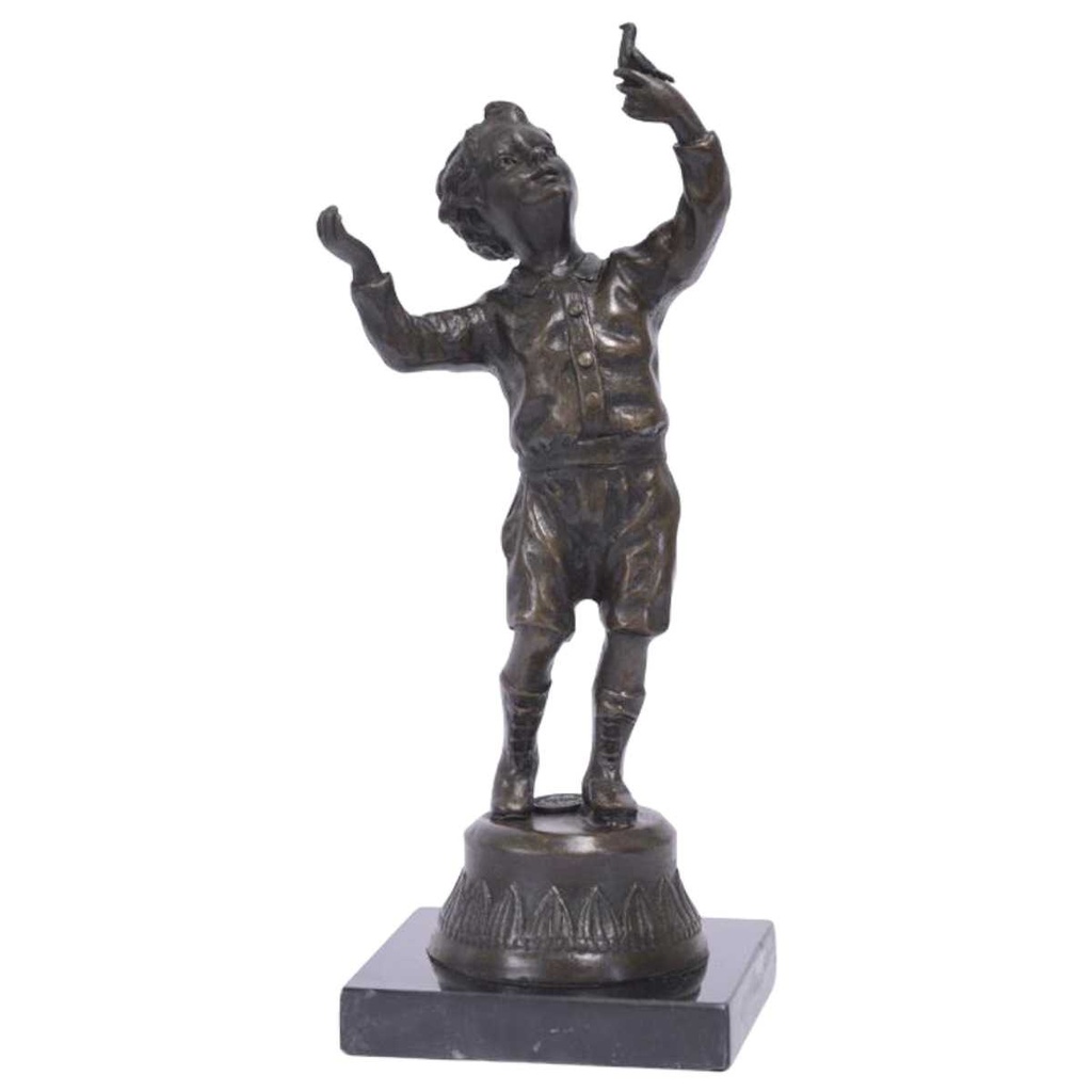 [LA-49933] Bronzeskulptur Bronzefigur Junge mit Vogel