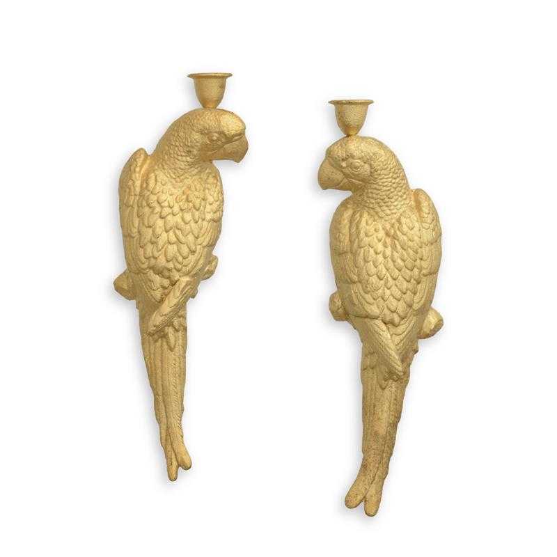 [LA-59561] Figur Skulptur Kerzenhalter Gusseisen Wandmontage Ara Gold 2er Set
