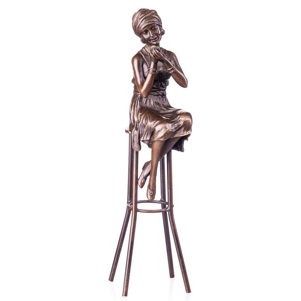 [LA-62539] Bronzeskulptur Bronzefigur Frau auf Hocker Art-Deco-Stil