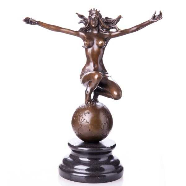 [LA-62596] Bronzeskulptur Bronzefigur Weiblicher Akt auf Weltkugel