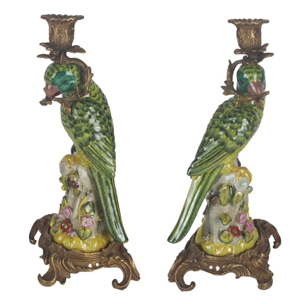 [LA-64304] Porzellan in Bronze Kerzenhalter Kerzenständer Papageie H 36,3 cm 2er Set