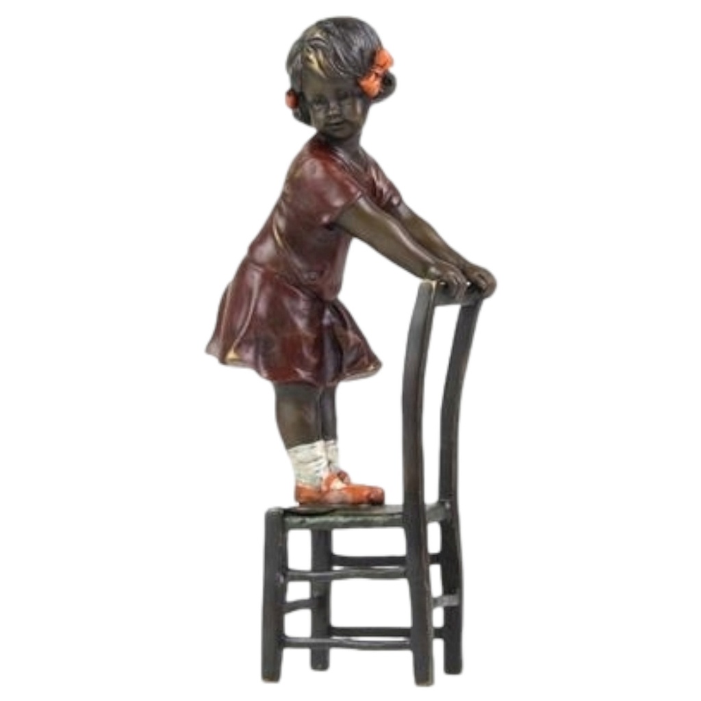 [LA-64609] Bronzeskulptur Bronzefigur Mädchen Auf Hocker
