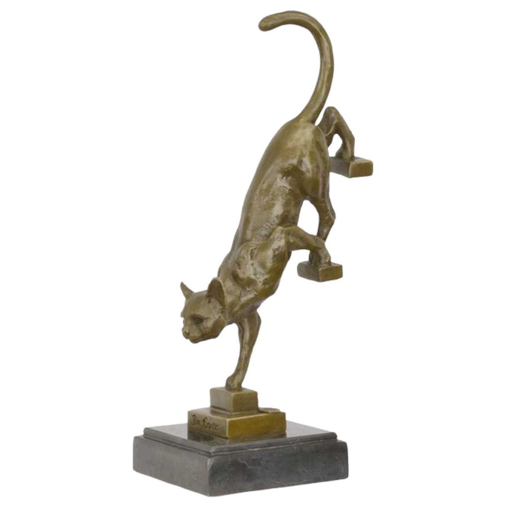 [LA-82470] Bronzeskulptur Bronzefigur Katze die Treppe hinabsteigt