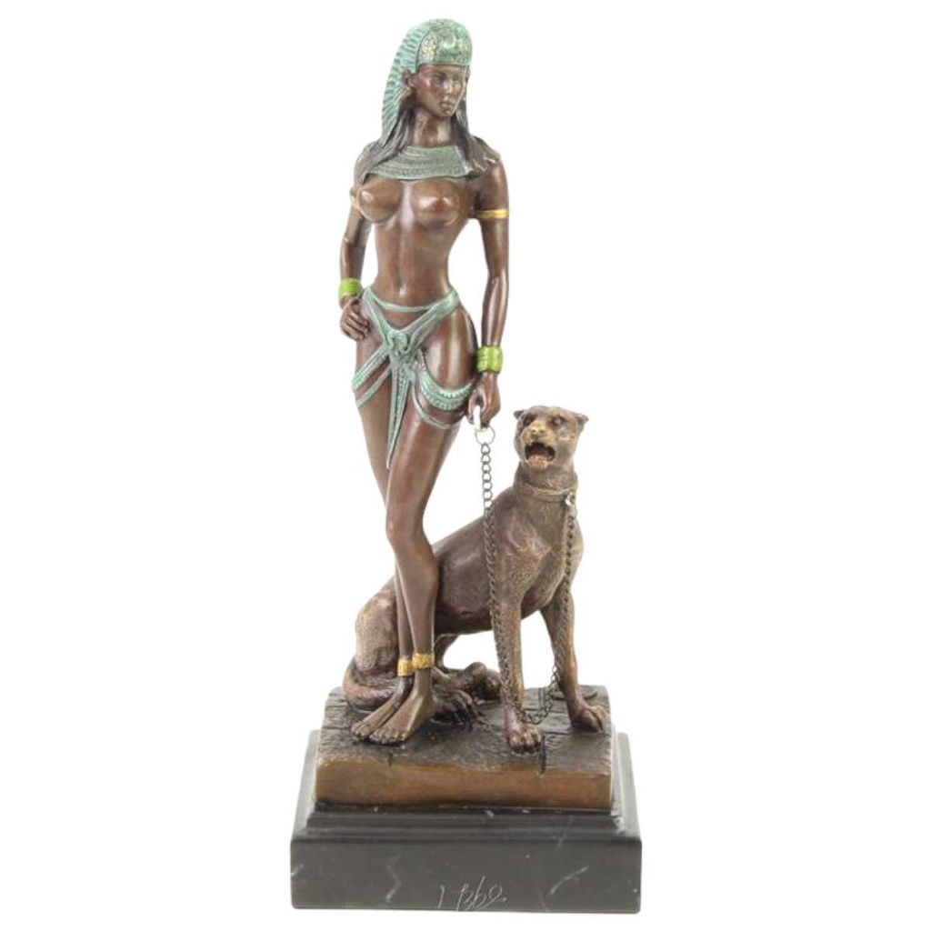 [LA-82486] Bronzeskulptur Bronzefigur Kleopatra mit Panther #82486
