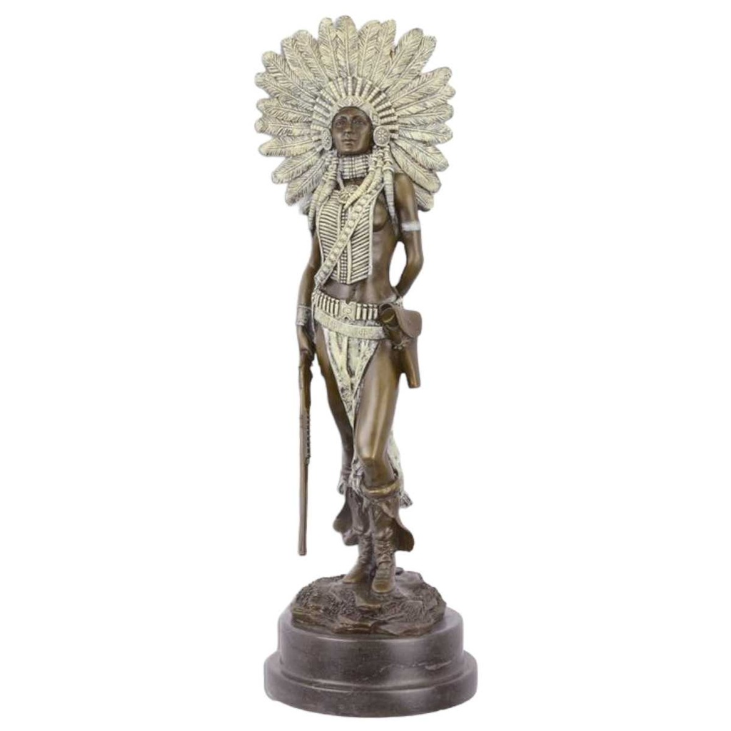 [LA-82489] Bronzeskulptur Bronzefigur Indianerin mit Gewehr