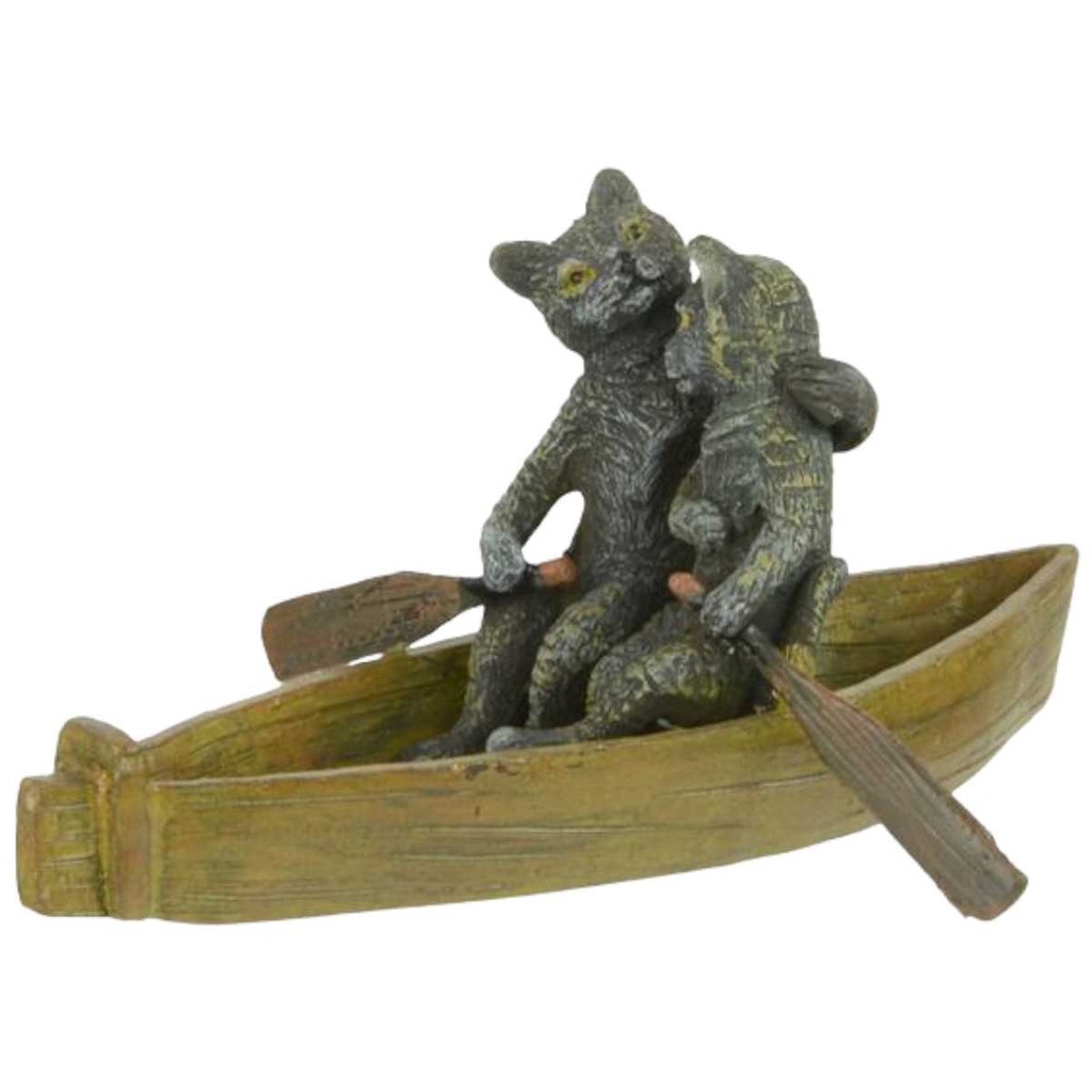 [LA-83042] Bronzeskulptur Bronzefigur zwei Katzen in einem Ruderboot