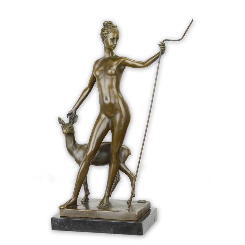 [LA-86604] Bronzeskulptur Bronzefigur Diana mit Hirschkuh