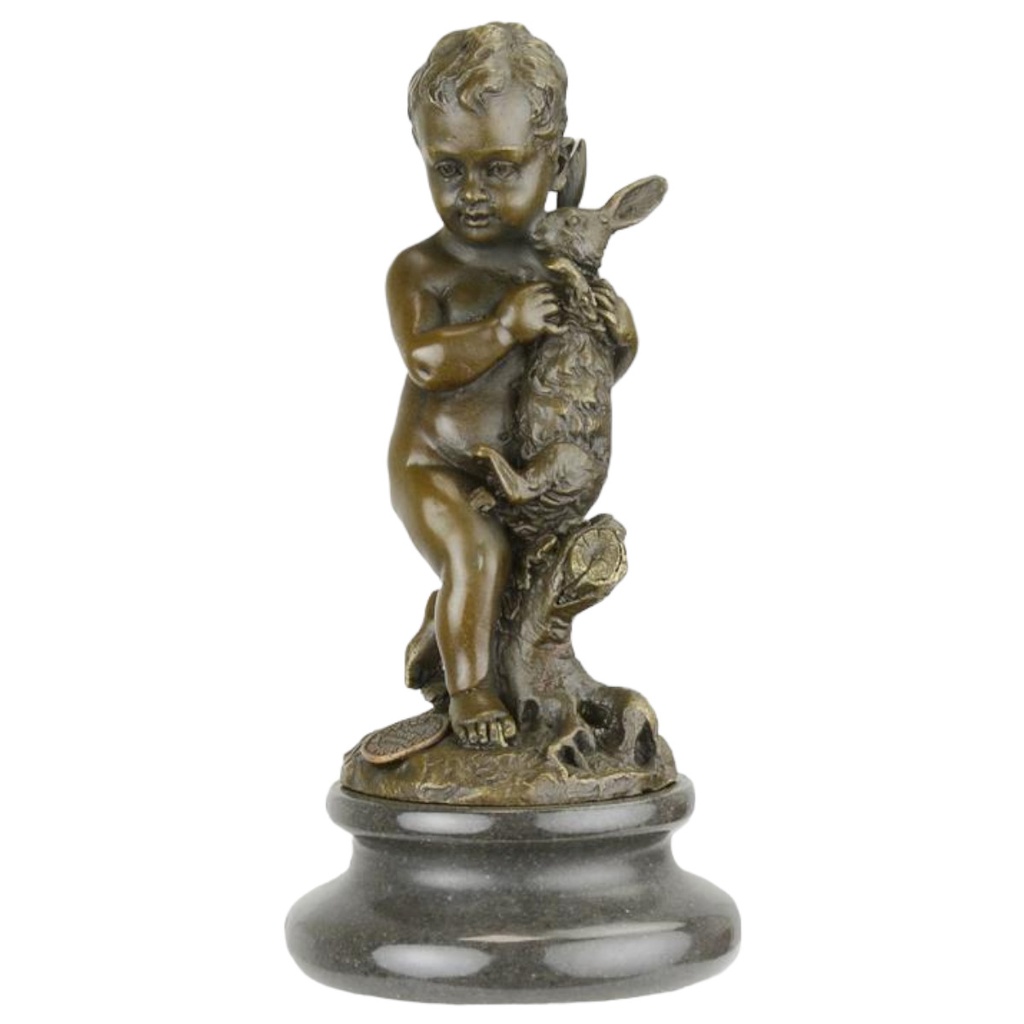 [LA-86613] Bronzeskulptur Bronzefigur Kleiner Junge mit Kaninchen