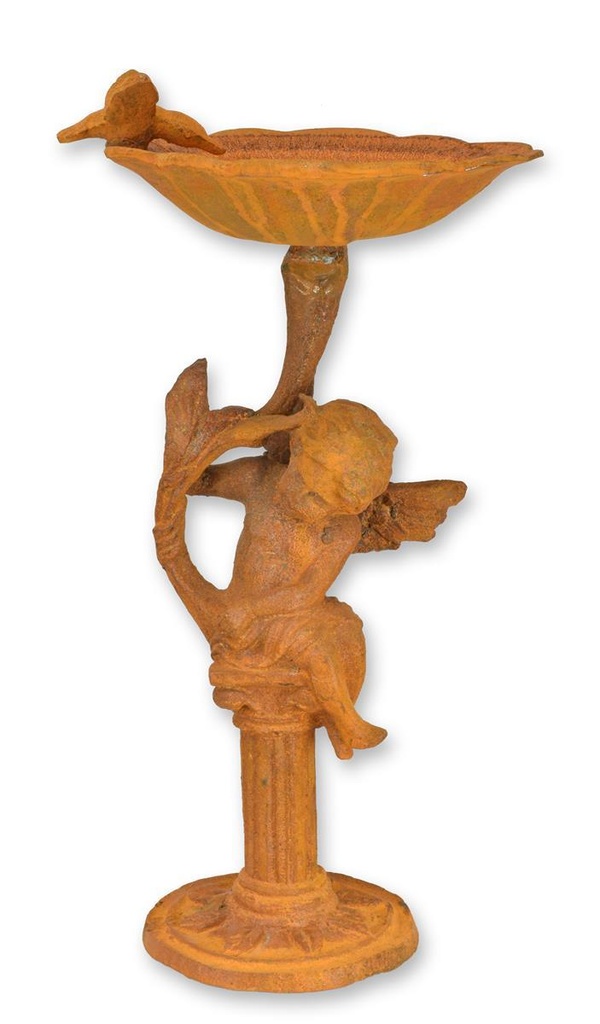 [LA-87809] Vogeltränke Gusseisen Rostoptik Putto auf Standfuß