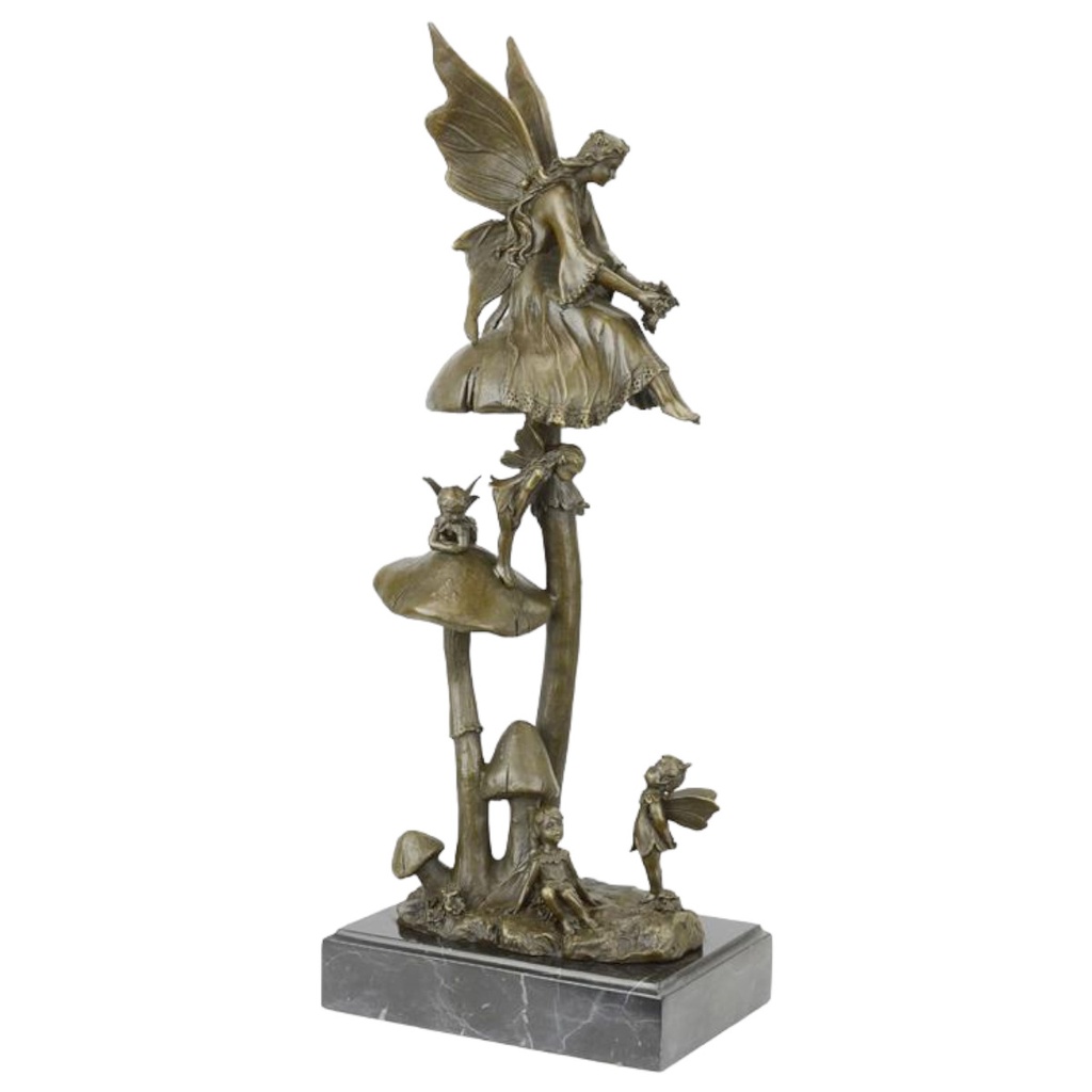 [LA-88444] Bronzeskulptur Bronzefigur Feengruppe auf Pilz