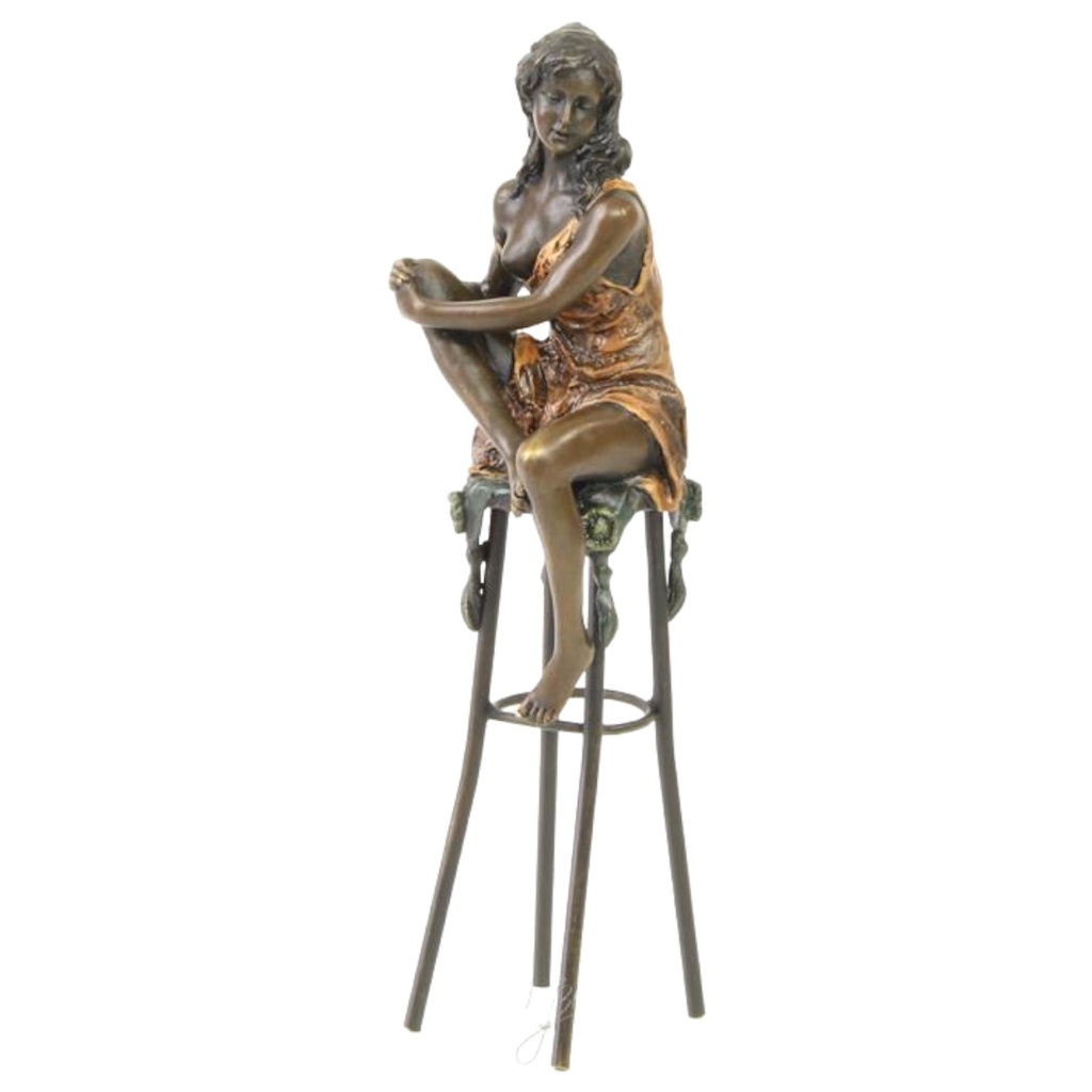 [LA-97215] Bronzeskulptur Bronzefigur Dame auf Barstuhl