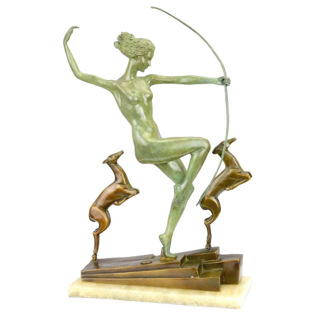 [LA-97228] Bronzeskulptur Bronzefigur Diana mit Rehkitzen