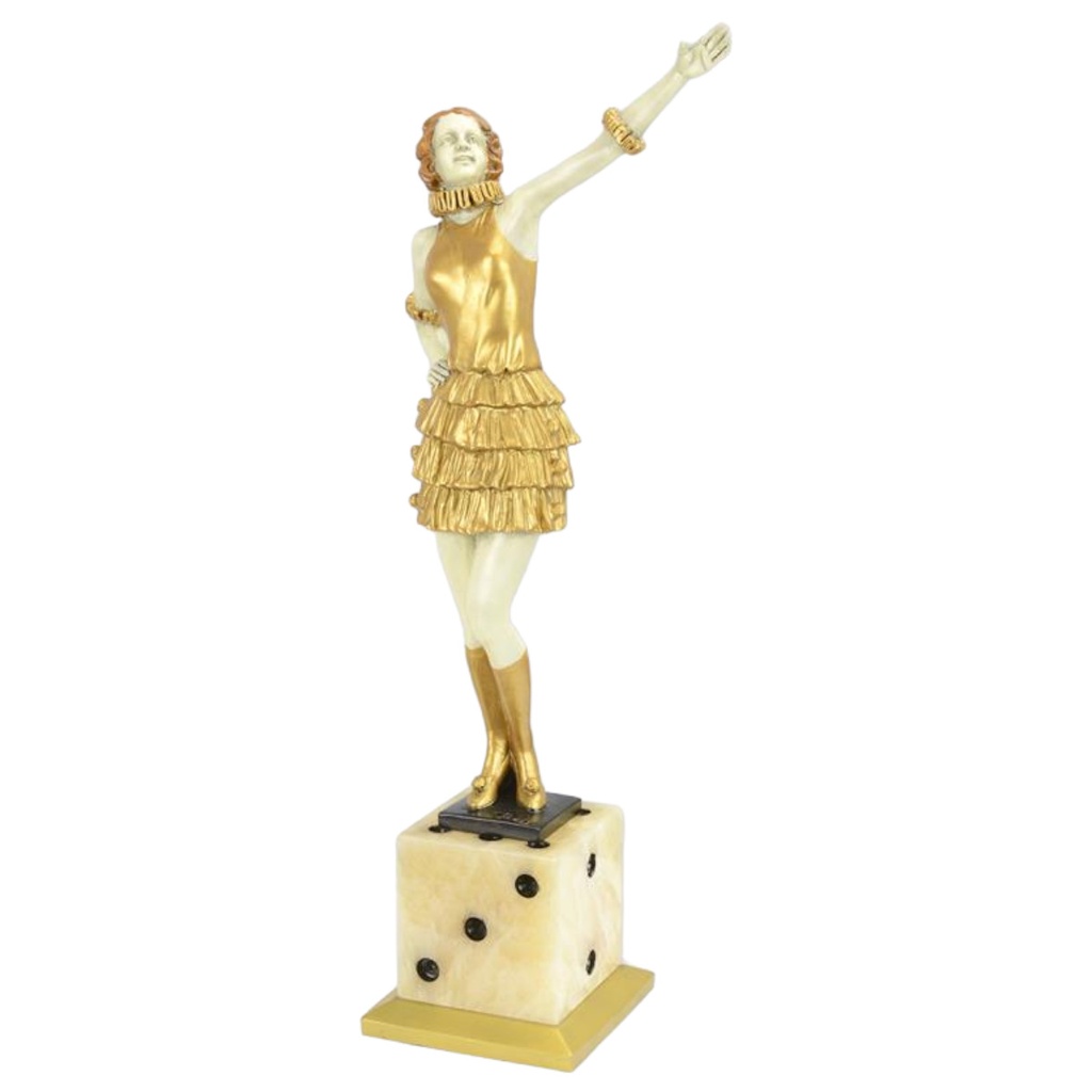 [LA-97229] Bronzeskulptur Bronzefigur Dame auf würfelförmigem Sockel