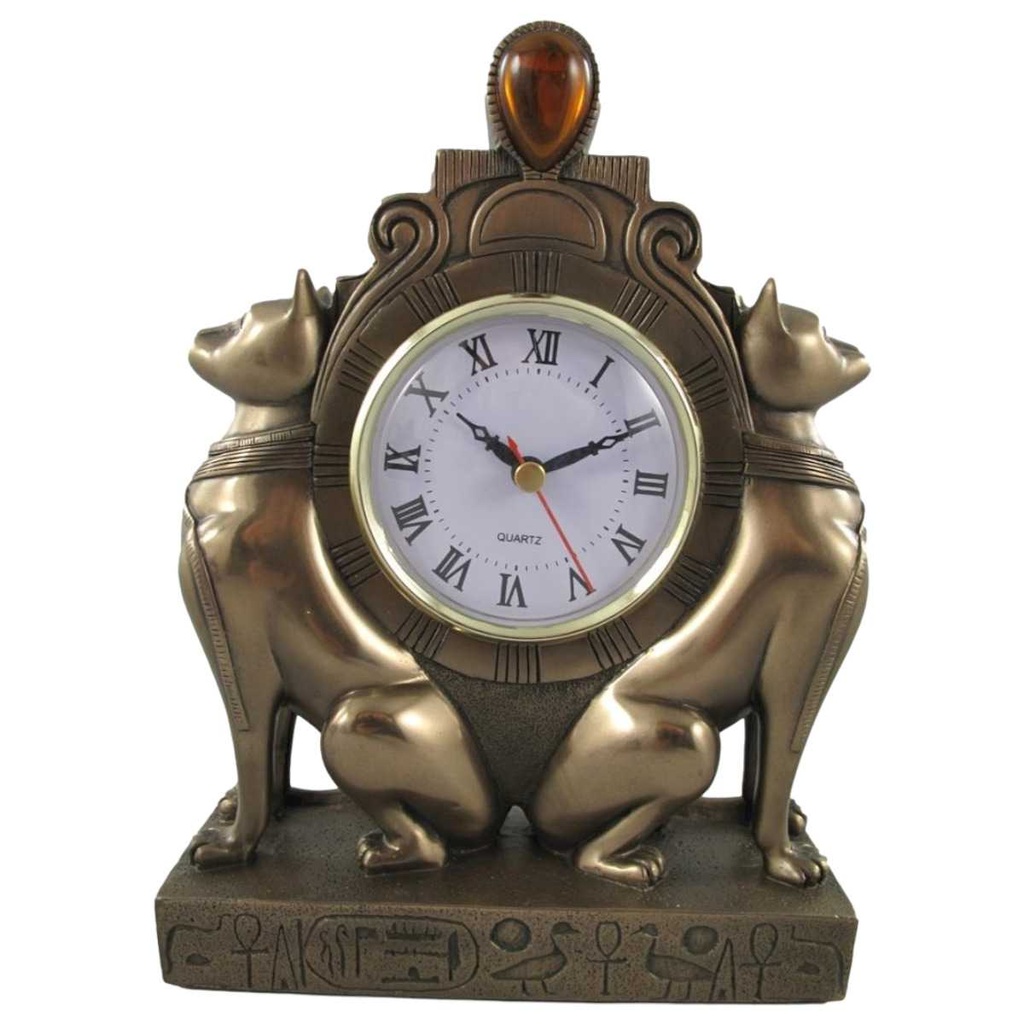 [LA-40762] Kunststein Kaminuhr Katze-farbig BRONZE H 23 cm
