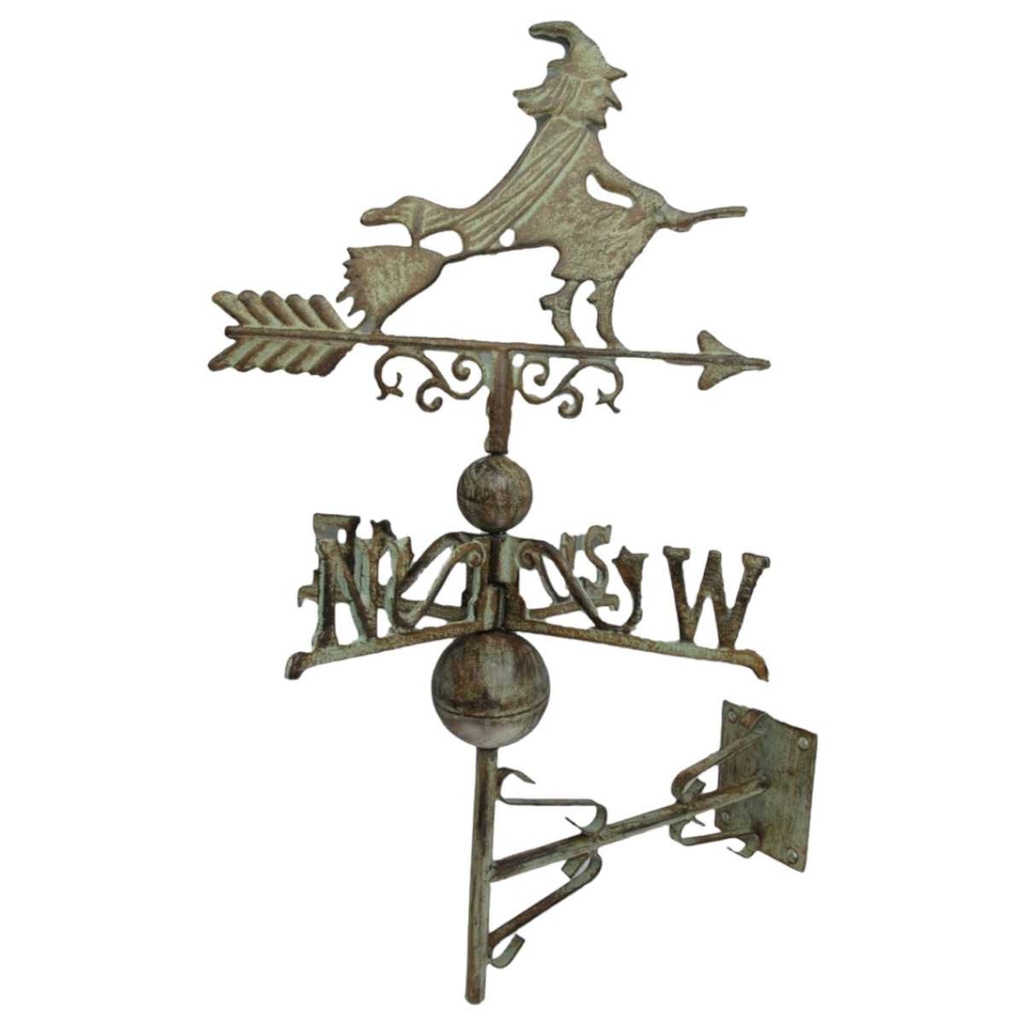 [LA-41118] Wetterhahn Wetterfahne Gusseisen Hexe auf Besen farbig Wandmontage