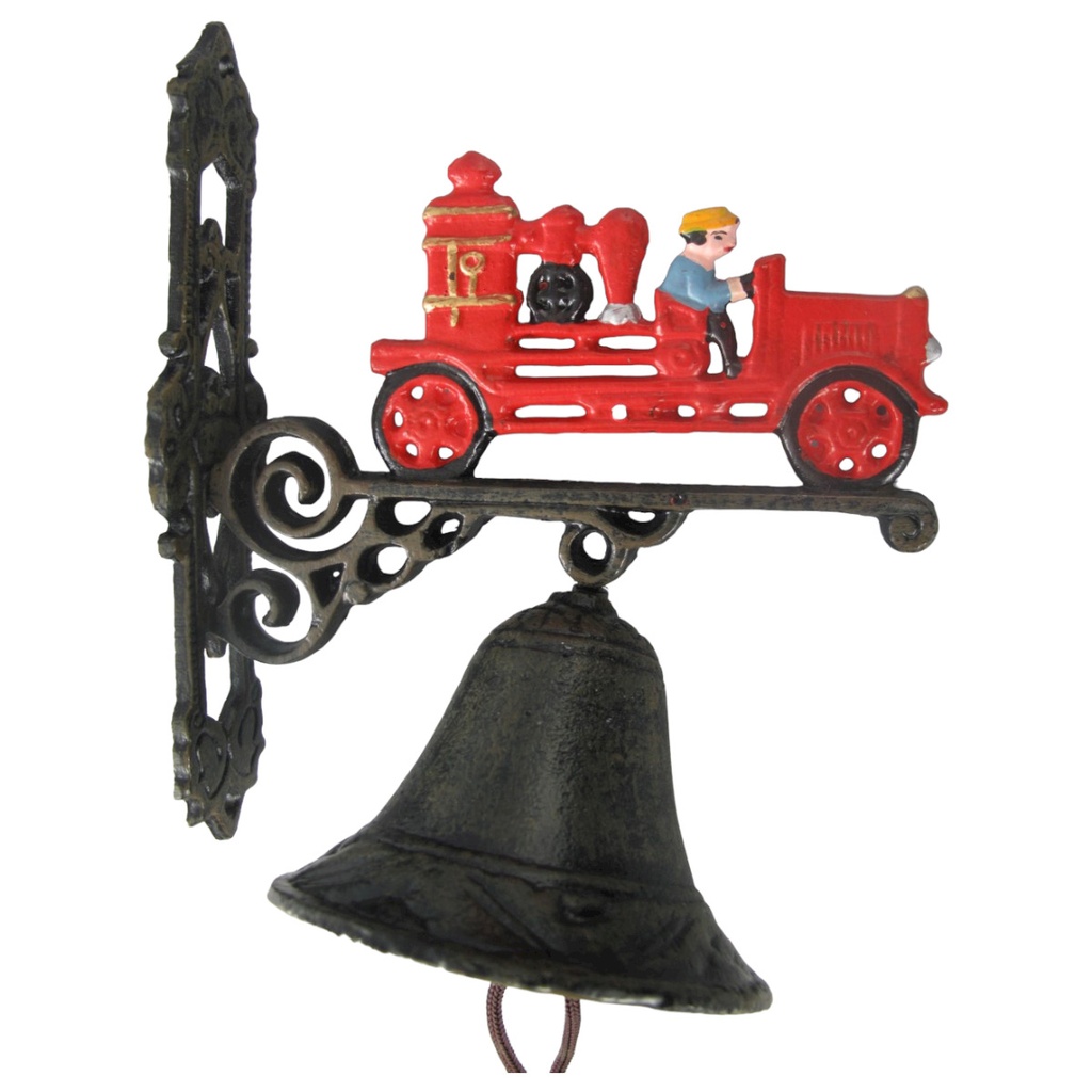 [LA-41385] Gusseisen Wandglocke Türglocke Motiv Figürchen Klein Feuerwehr H 25x18 cm