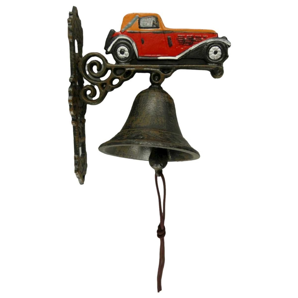 [LA-41386] Gusseisen Wandglocke Türglocke Motiv Figürchen Klein Auto H 21 cm