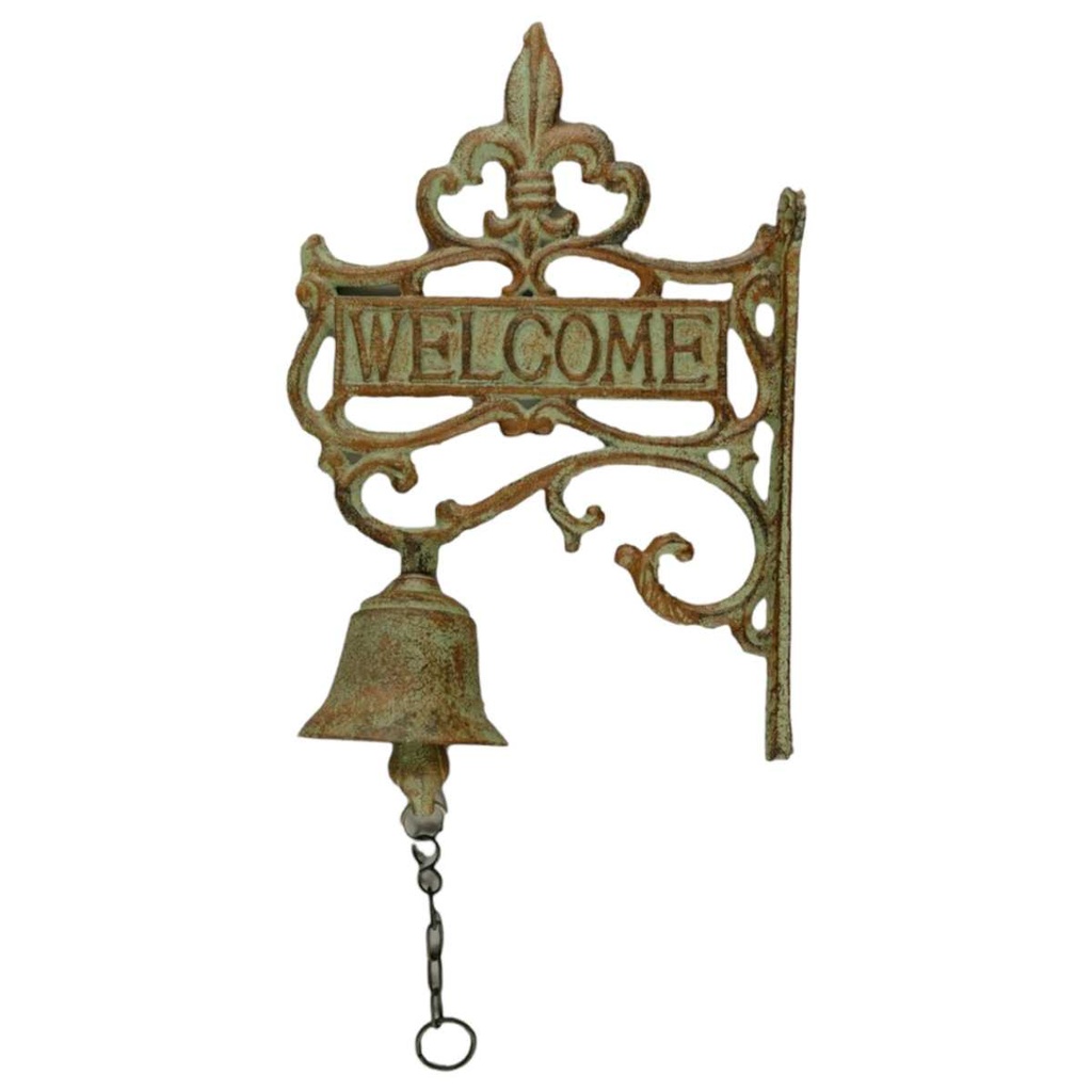 [LA-41387] Gusseisen Wandglocke Türglocke Motiv Figürchen Welcome hell