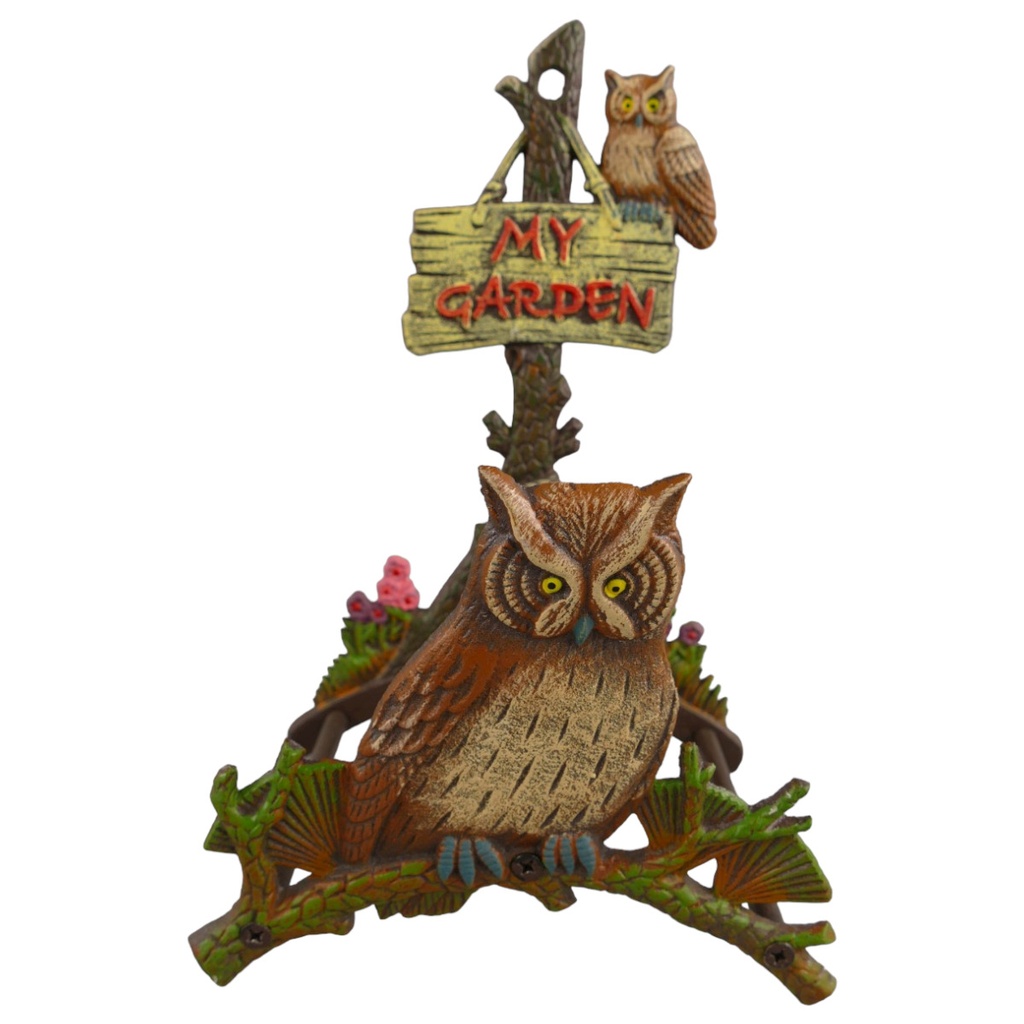 [LA-41465] Schlauchhalter Gusseisen Eule Uhu farbig Garten