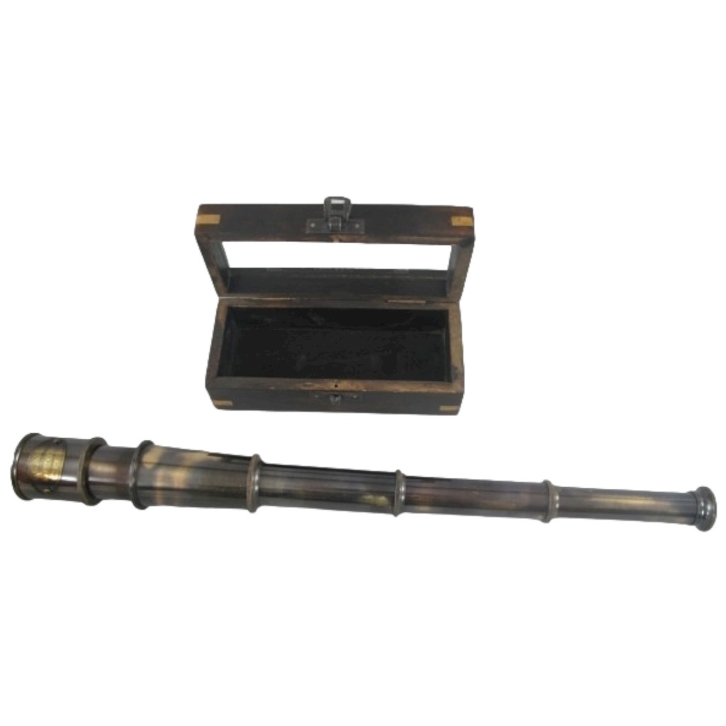 [LA-42721] Fernrohr Fernglas Messing brüniert Holz Box L 16x7cm