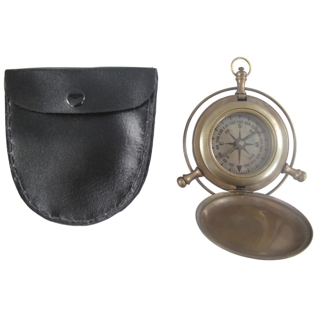 [LA-42756] Kompass Messing Brüniert Box Leder D 9 cm