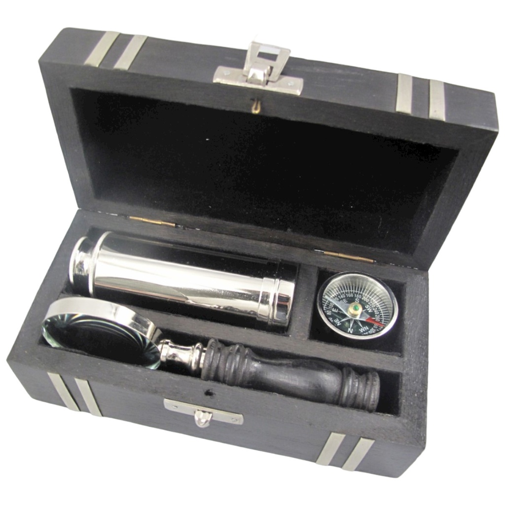 [LA-42772] Nautik Set Vernickelt Holzdose L 18 cm
