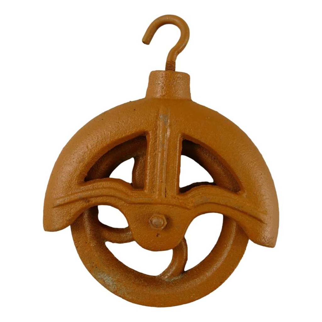 [LA-49039] Eisen Umlenkrolle Seilrolle Flaschenzug Riemenscheibe Naturrost Farbig H 17cm