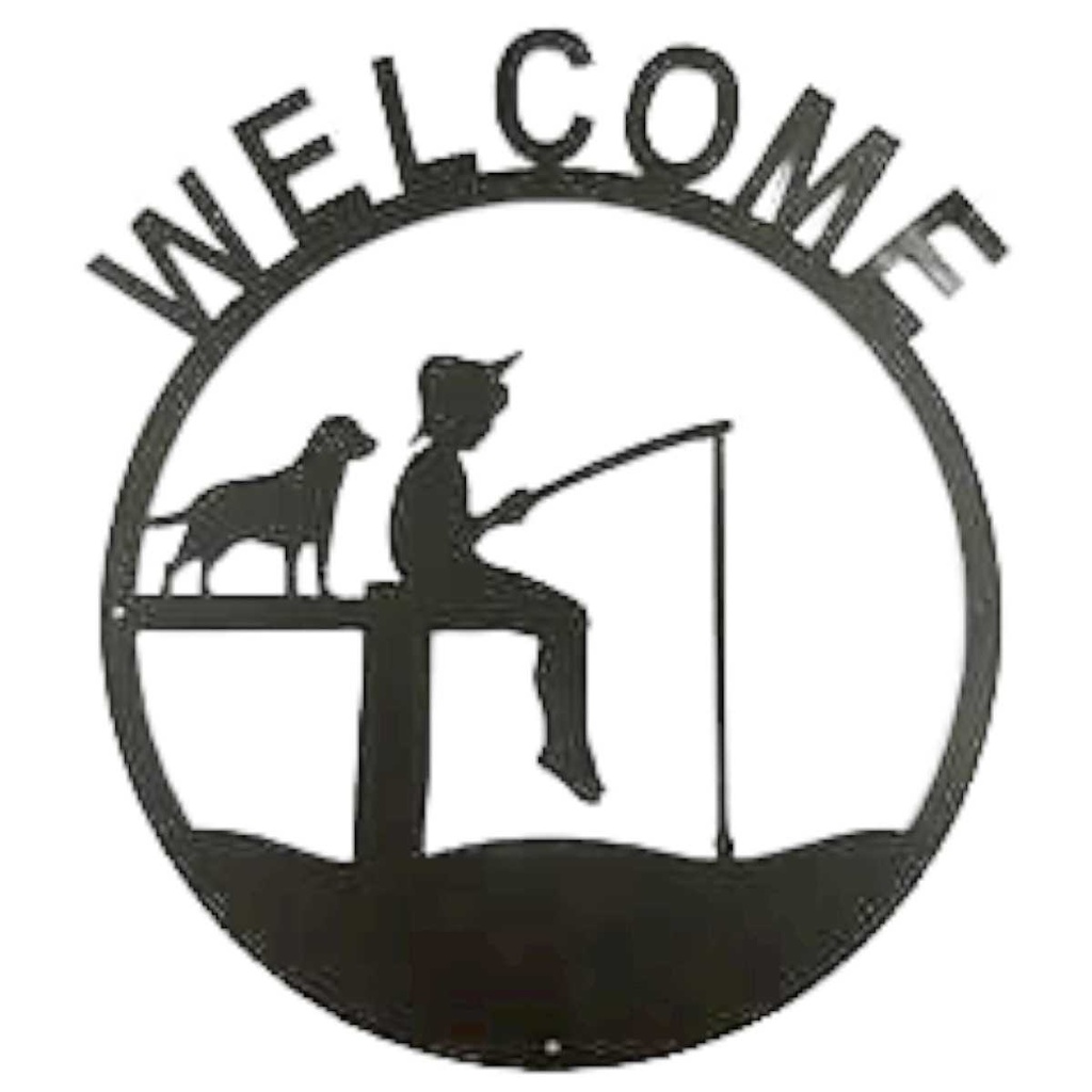 [LA-81900] Metall Wandornament Wanddeko Wandtattoo Welcome Angler mit Hund 44x40 cm