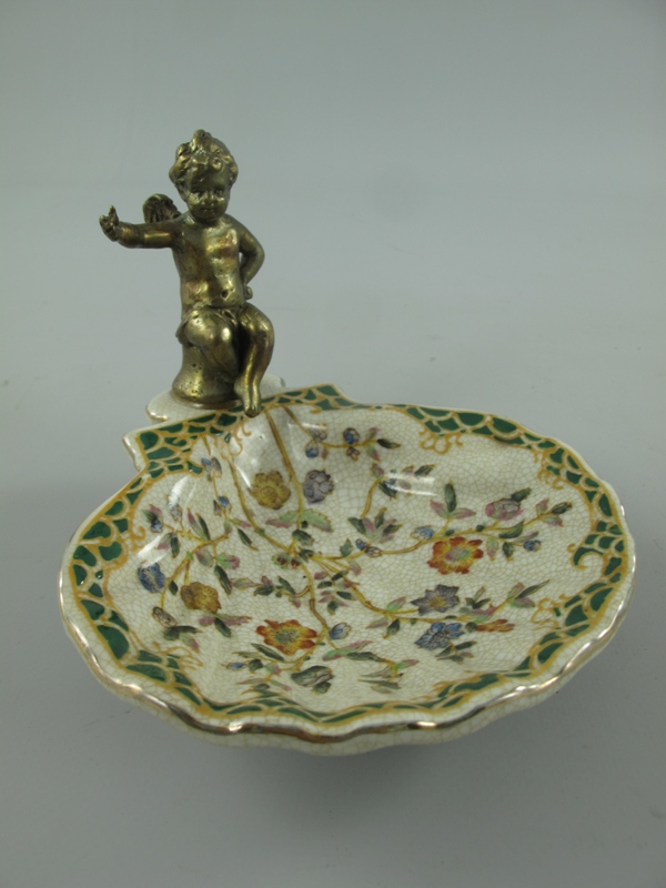 [LA-85960] Porzellan/Mess. Schale Gold/grün H.11x14cm