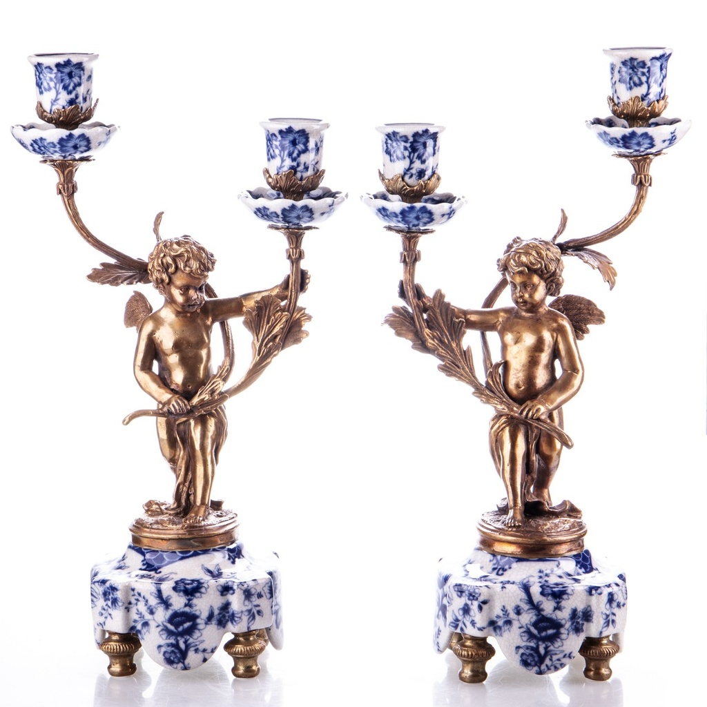 [LA-1821947] Porzellan mit Bronze Kerzenständer mit Engel Set/2