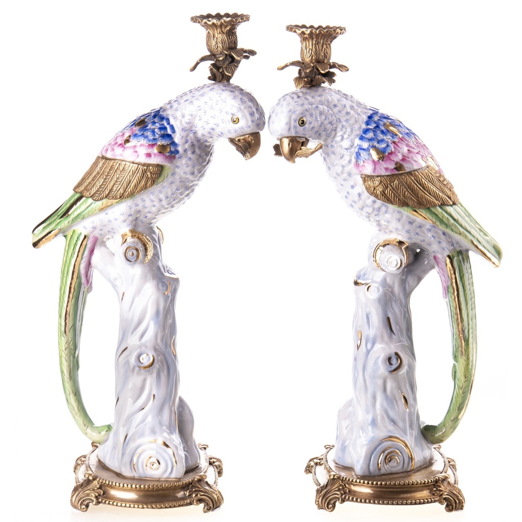 [LA-1821974] Porzellan mit Bronze Kerzenständer Papageien Set/2
