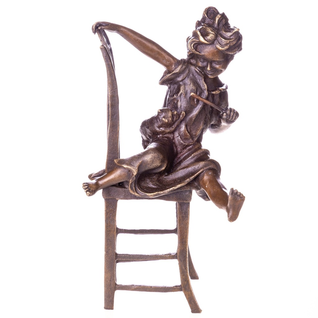 [LA-1822066] Bronzeskulptur Bronzefigur Mädchen auf Stuhl mit Katze