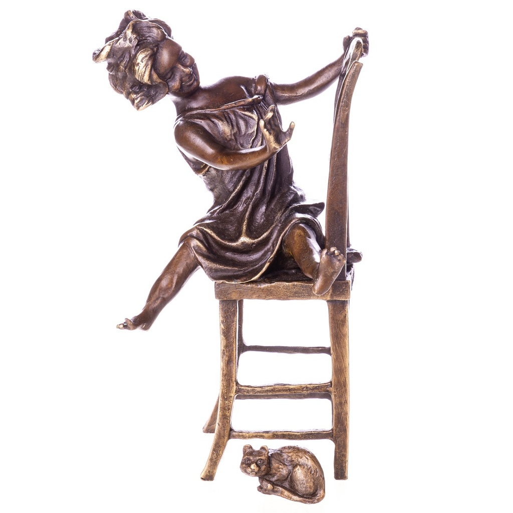 [LA-1822067] Bronzeskulptur Bronzefigur Mädchen auf Stuhl mit Katze