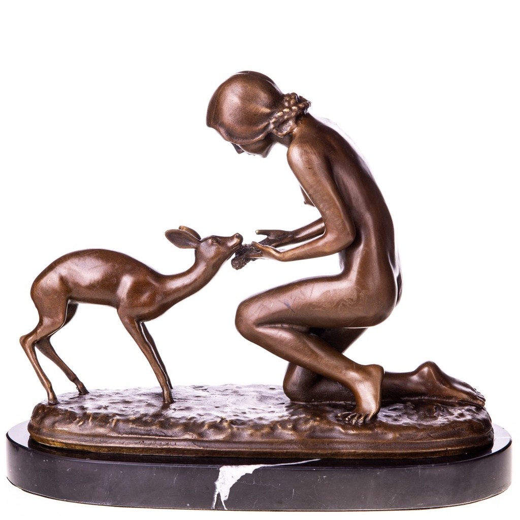 [LA-1822138] Bronzeskulptur Bronzefigur Frau mit Reh