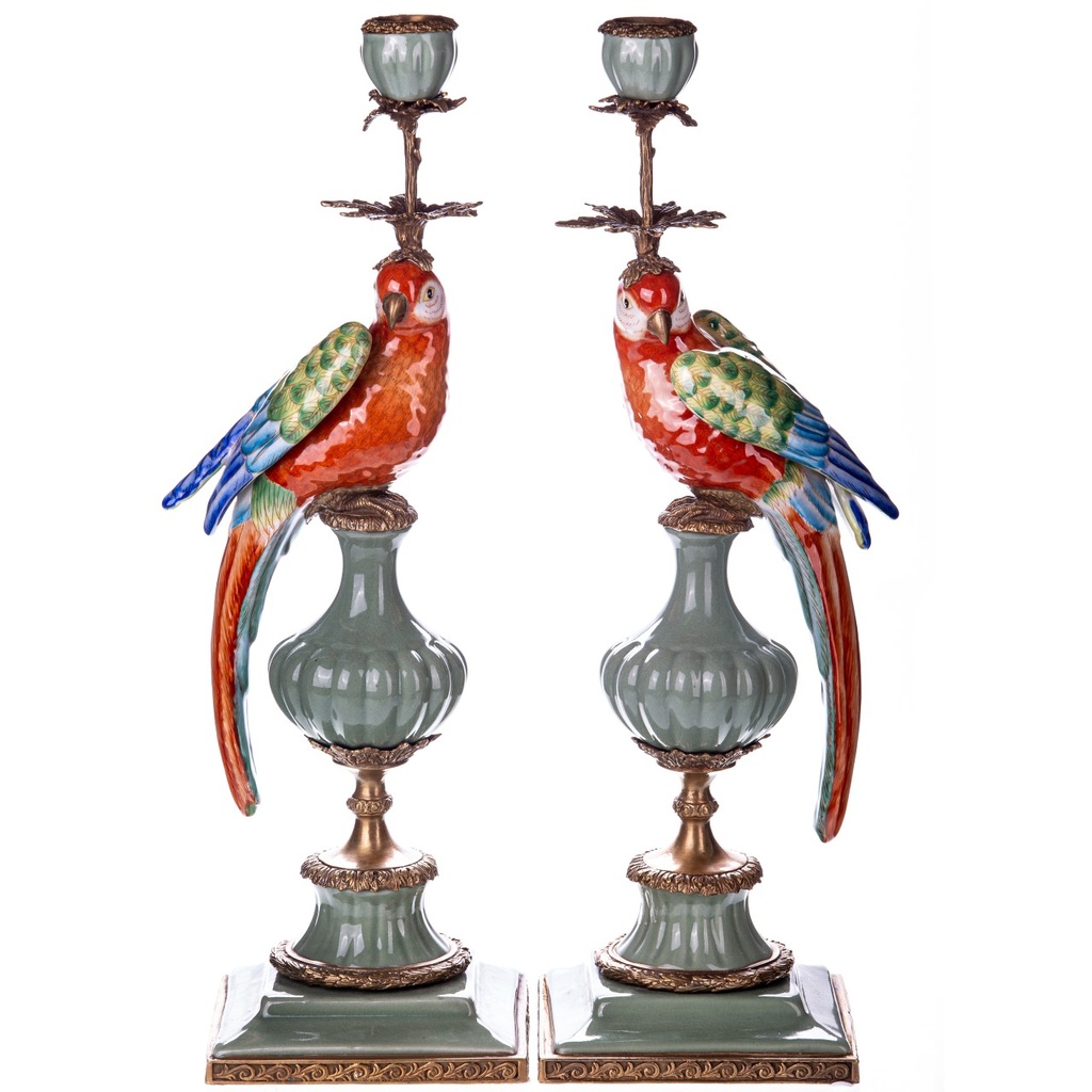 [LA-1822470] Porzellan mit Bronze Kerzenständer Papageien Set/2