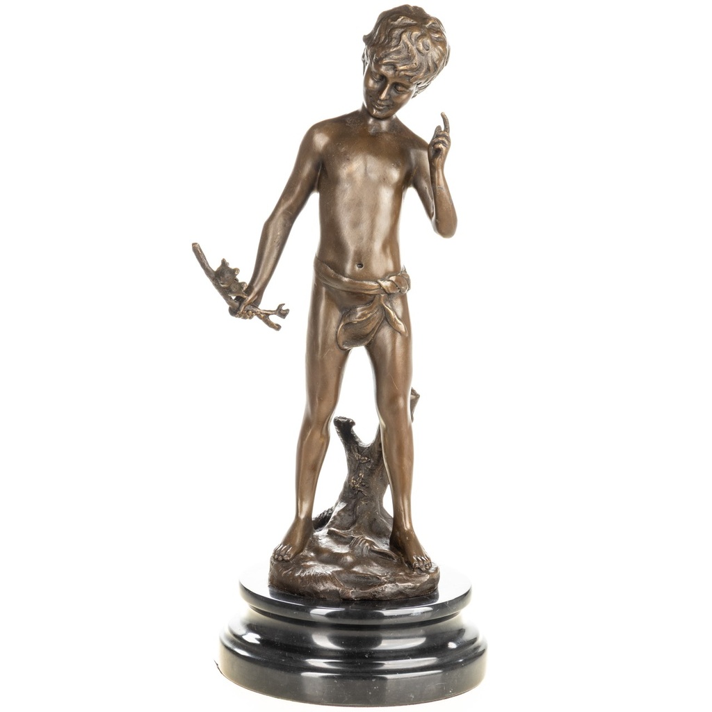 [LA-1822658] Bronzeskulptur Bronzefigur Junge mit Vögeln
